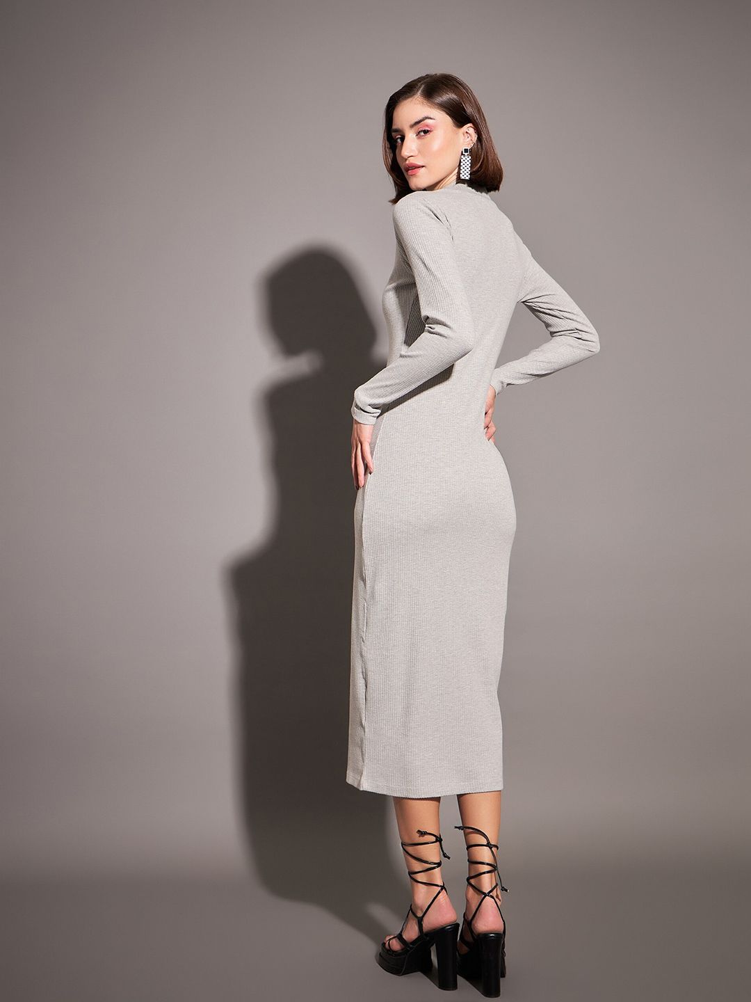 SASSAFRAS Grey Mock Neck A-Line Midi Dress