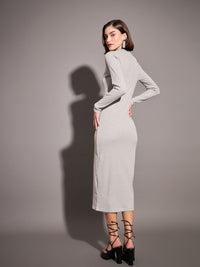 SASSAFRAS Grey Mock Neck A-Line Midi Dress