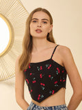 Berrylush Black Conversational Printed Shoulder Straps Fitted Crop Top