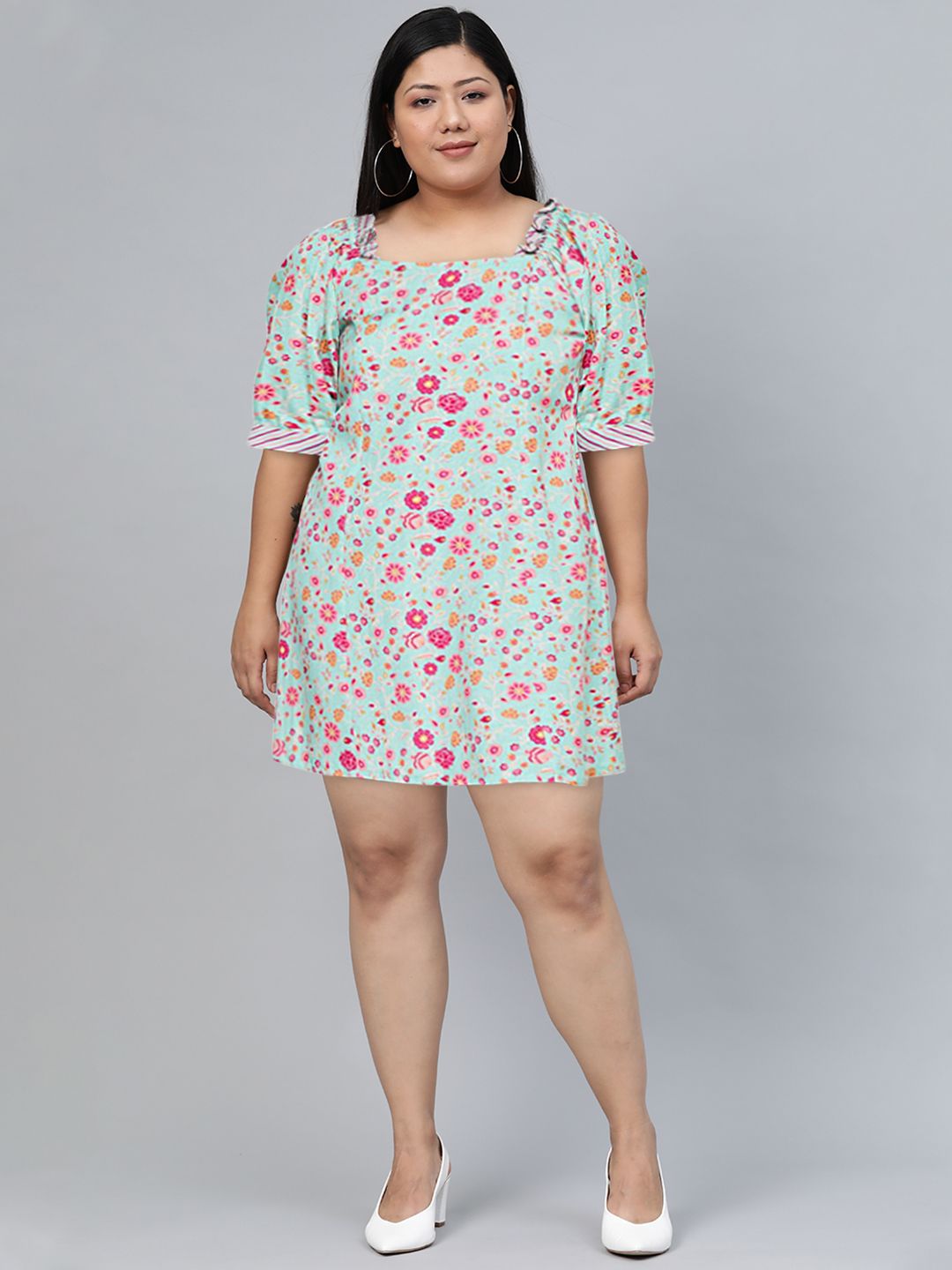 Global Desi Blue & Pink Floral A-Line Mini Dress