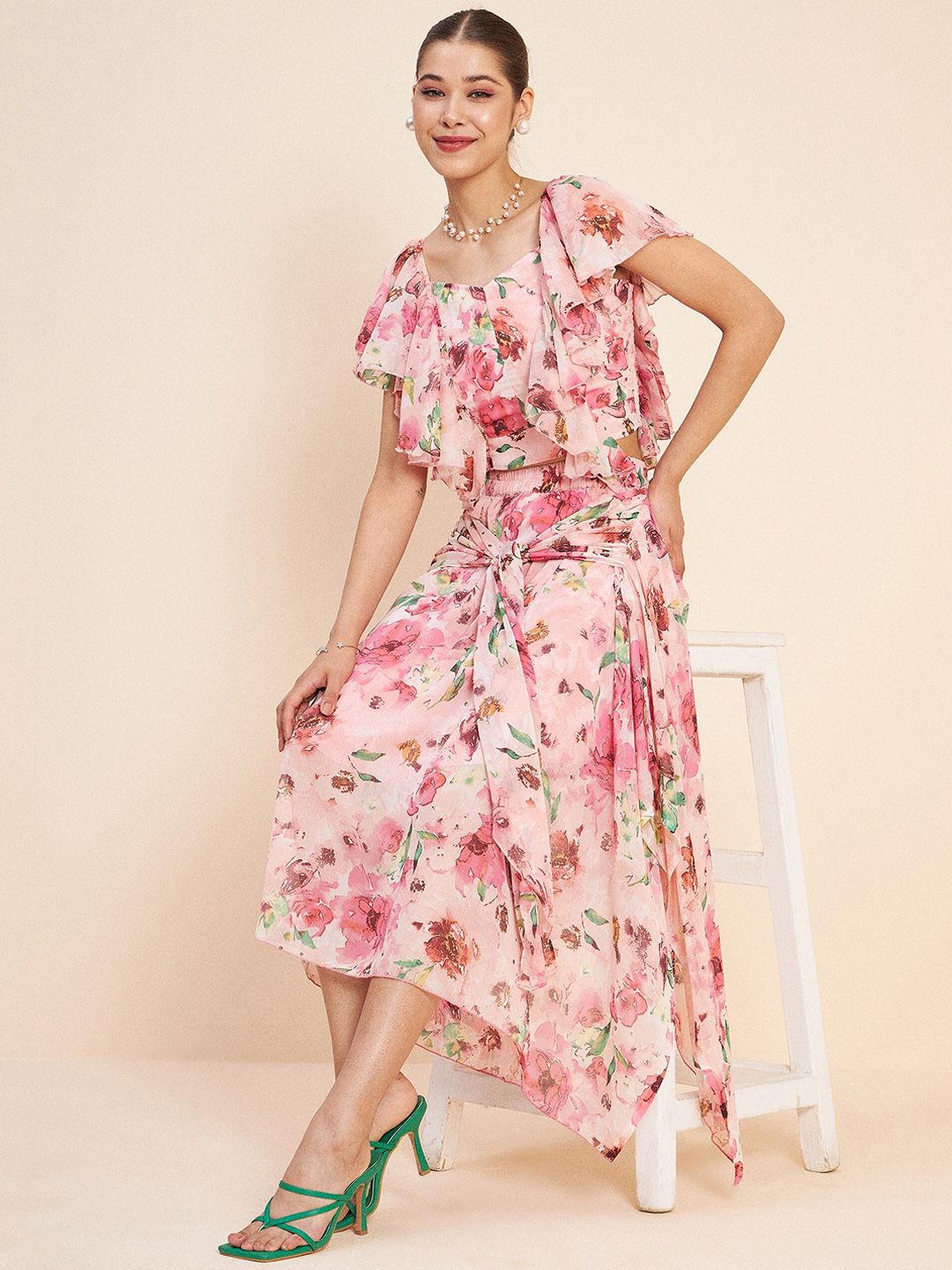 Antheaa Floral Printed Ruffled Crop Top & Skirt