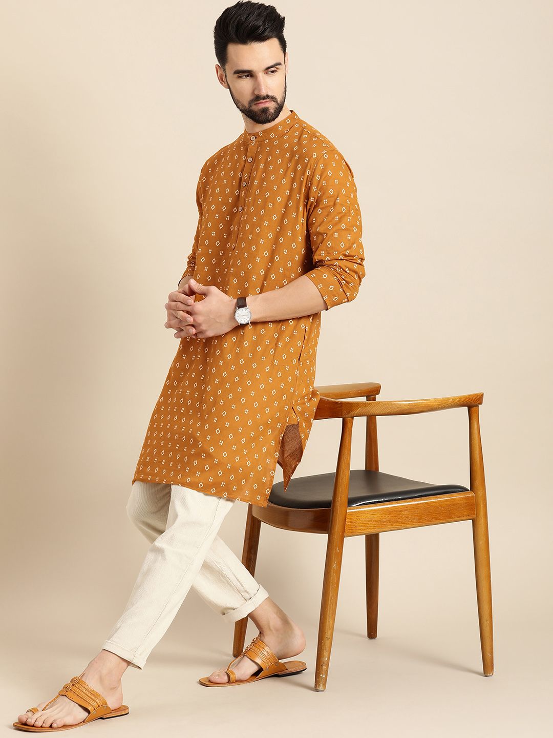 Anouk Men Mustard Yellow & White Geometric Printed Kurta