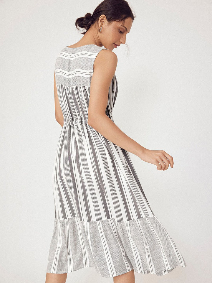 The Label Life Striped  V-Neck Tie-Ups Cotton A-Line Midi Dress