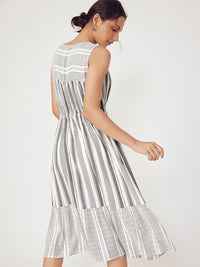 The Label Life Striped  V-Neck Tie-Ups Cotton A-Line Midi Dress