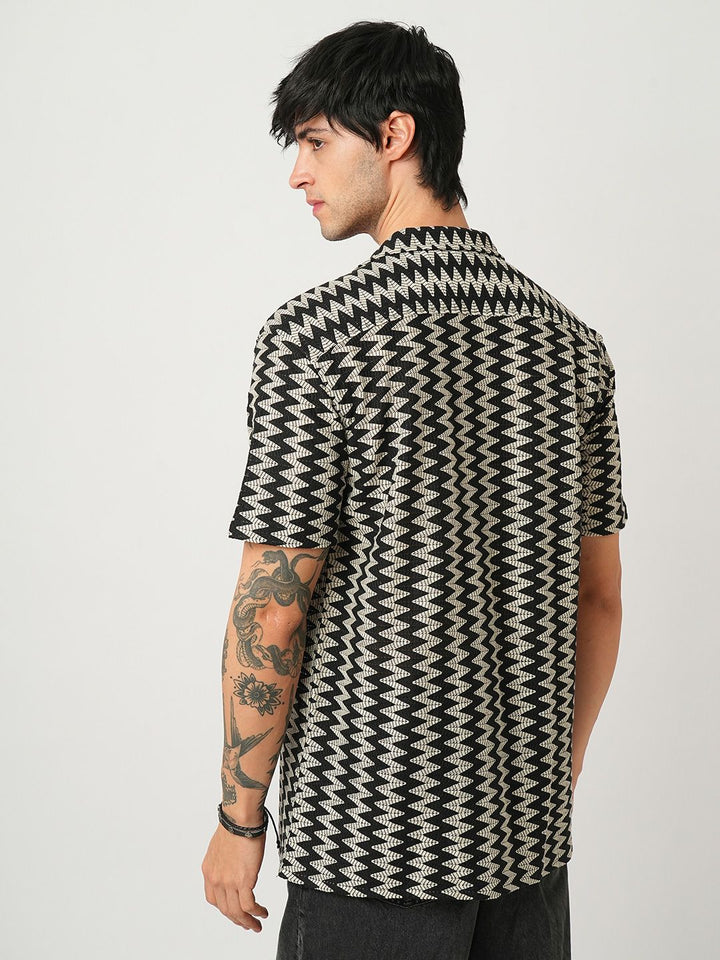 VASTRADO Men Classic Cuban Collar Chevron Printed Cotton Oversized Casual Shirt