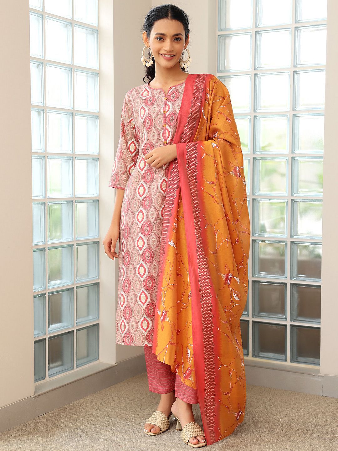 Libas Ethnic Motifs Printed Regular Notch Neck Kurta with Trousers & Dupatta