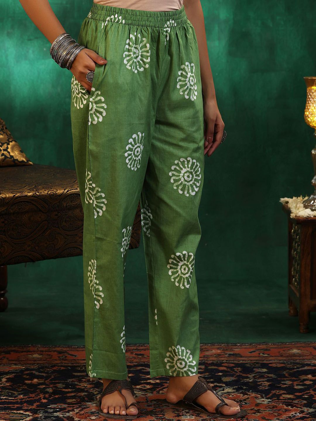 Libas Floral Printed Beads and Stones Pure Cotton A Line Kurta with Trousers & Dupatta