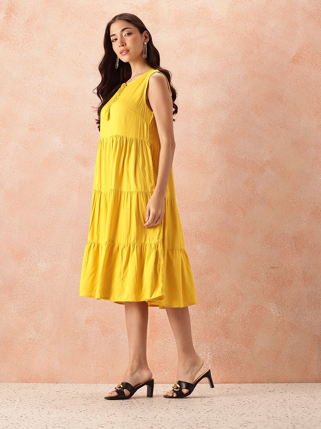 all about you Tie-Up Neck A-Line Tiered Midi Dress