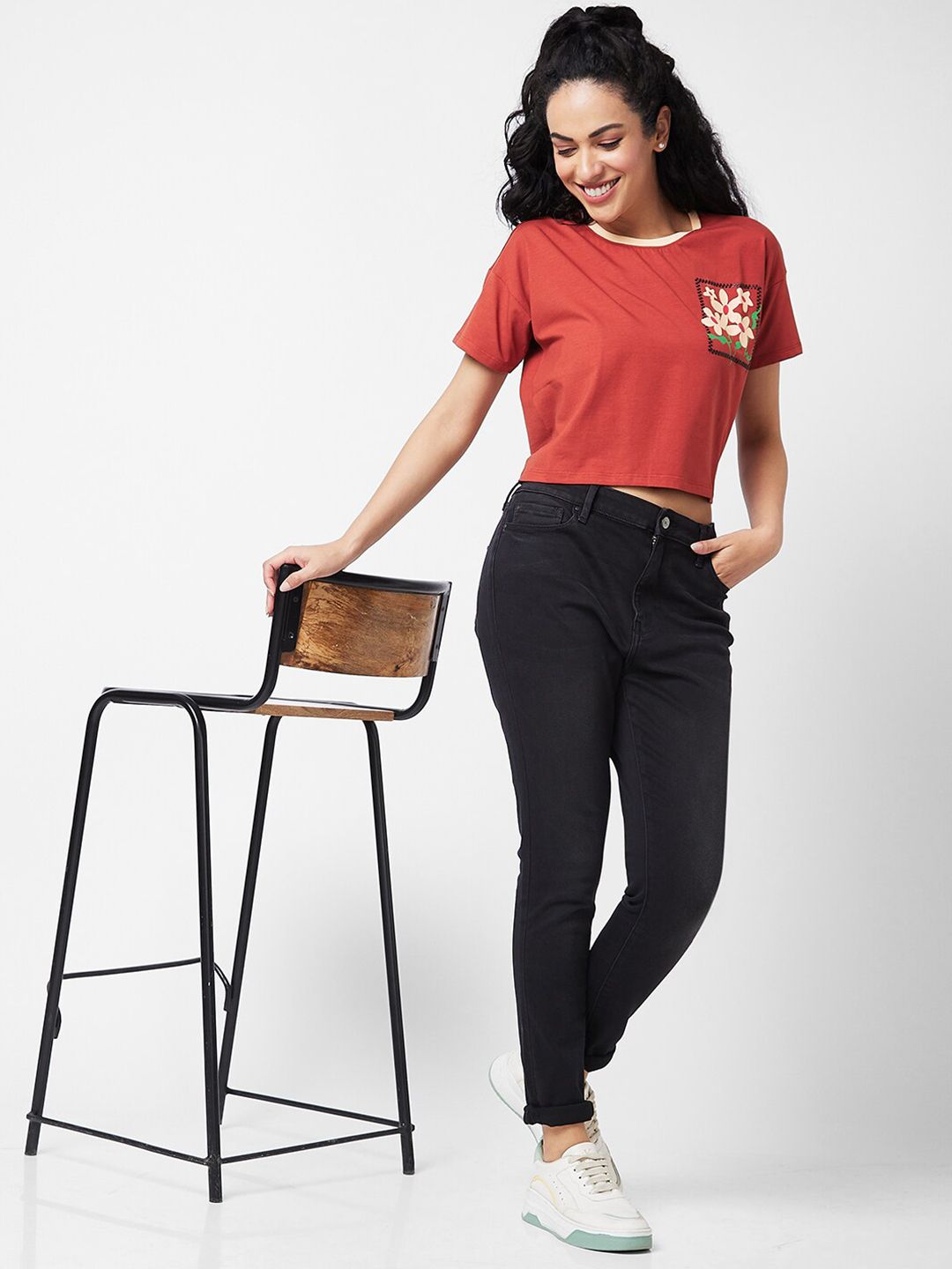 SPYKAR Self Design Round Neck Cotton Pocket Boxy T-shirt