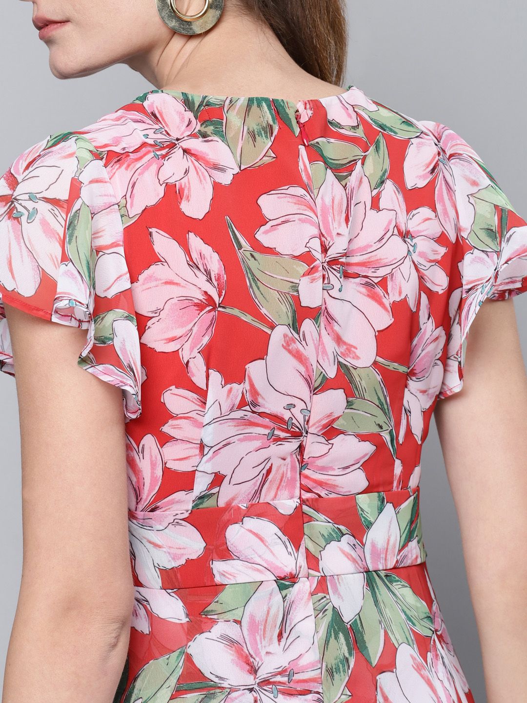 SASSAFRAS Coral Red & Green Floral Printed Layered Jumpsuit