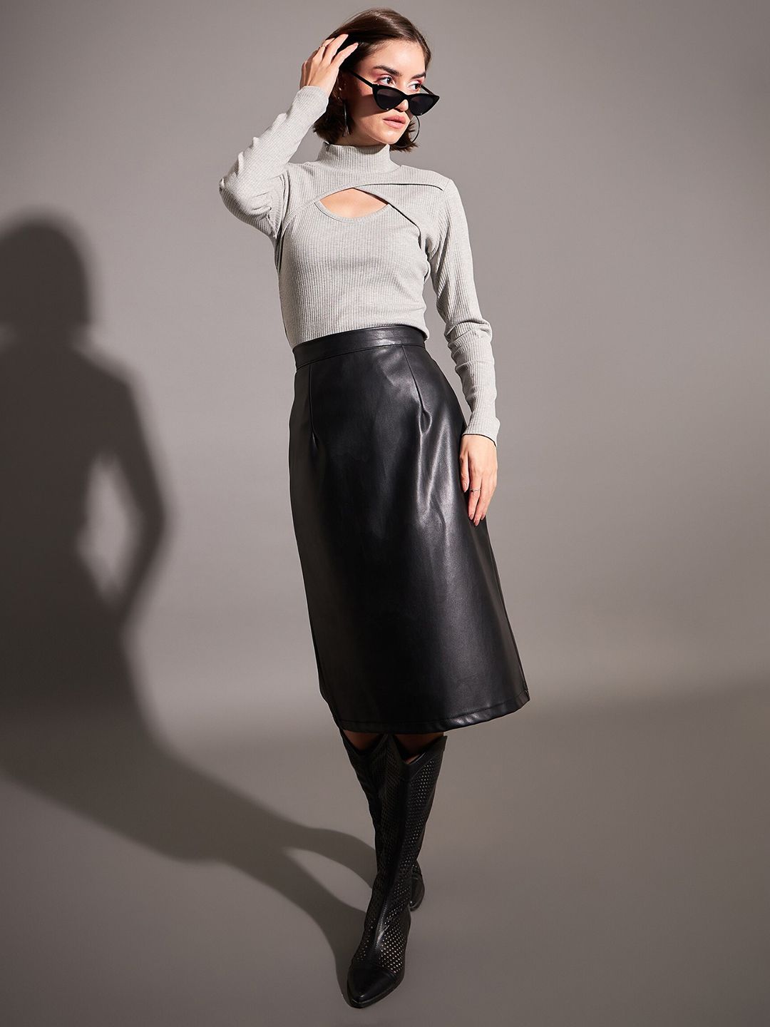 SASSAFRAS Grey High Neck Cut-Out Details Fitted Top