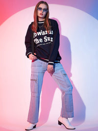 STREET 9 Navy Blue Typography Printed Drop Shoulder Pullover Fleece Sweatshirt