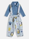 Moms Love Infant Boys Pure Cotton Graphic Printed Dungarees with Solid T-shirt