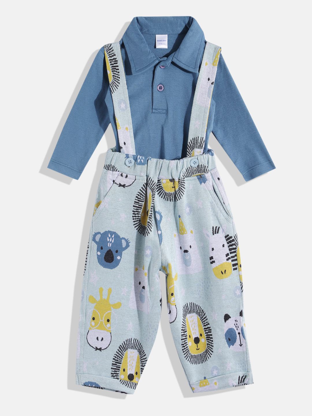 Moms Love Infant Boys Pure Cotton Graphic Printed Dungarees with Solid T-shirt