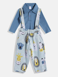 Moms Love Infant Boys Pure Cotton Graphic Printed Dungarees with Solid T-shirt