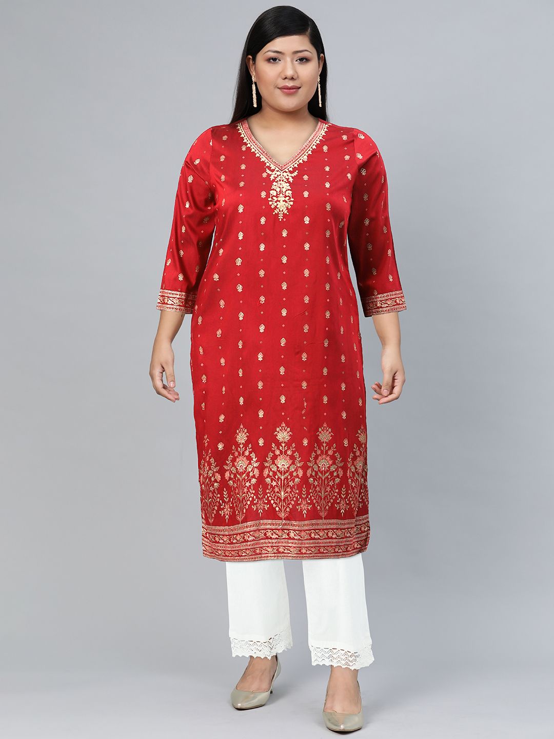 Global Desi Women Red & Gold-Toned Ethnic Motifs Thread Work Kurta