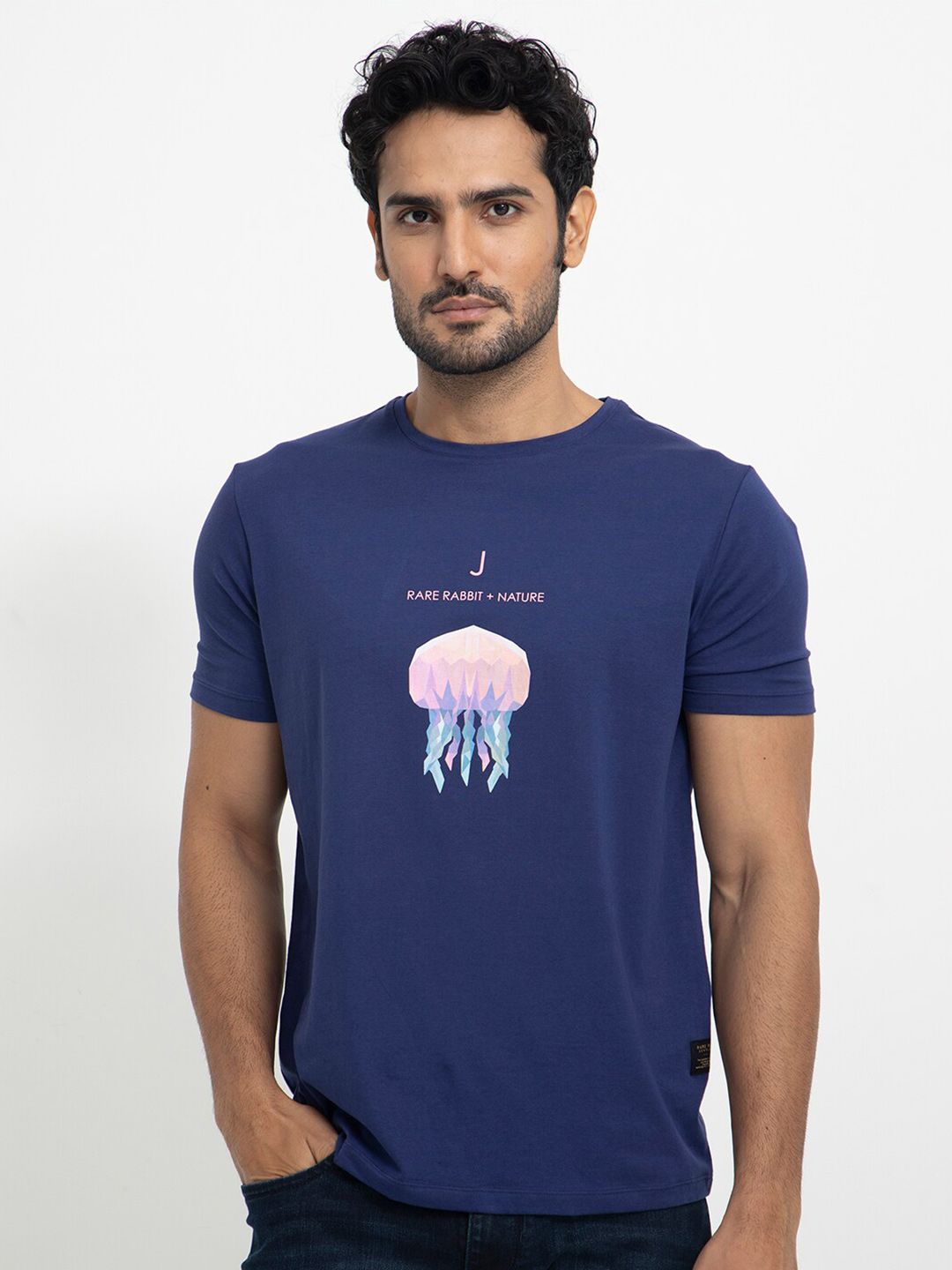 RARE RABBIT Men Cubana Graphic Printed Slim Fit Cotton T-Shirt