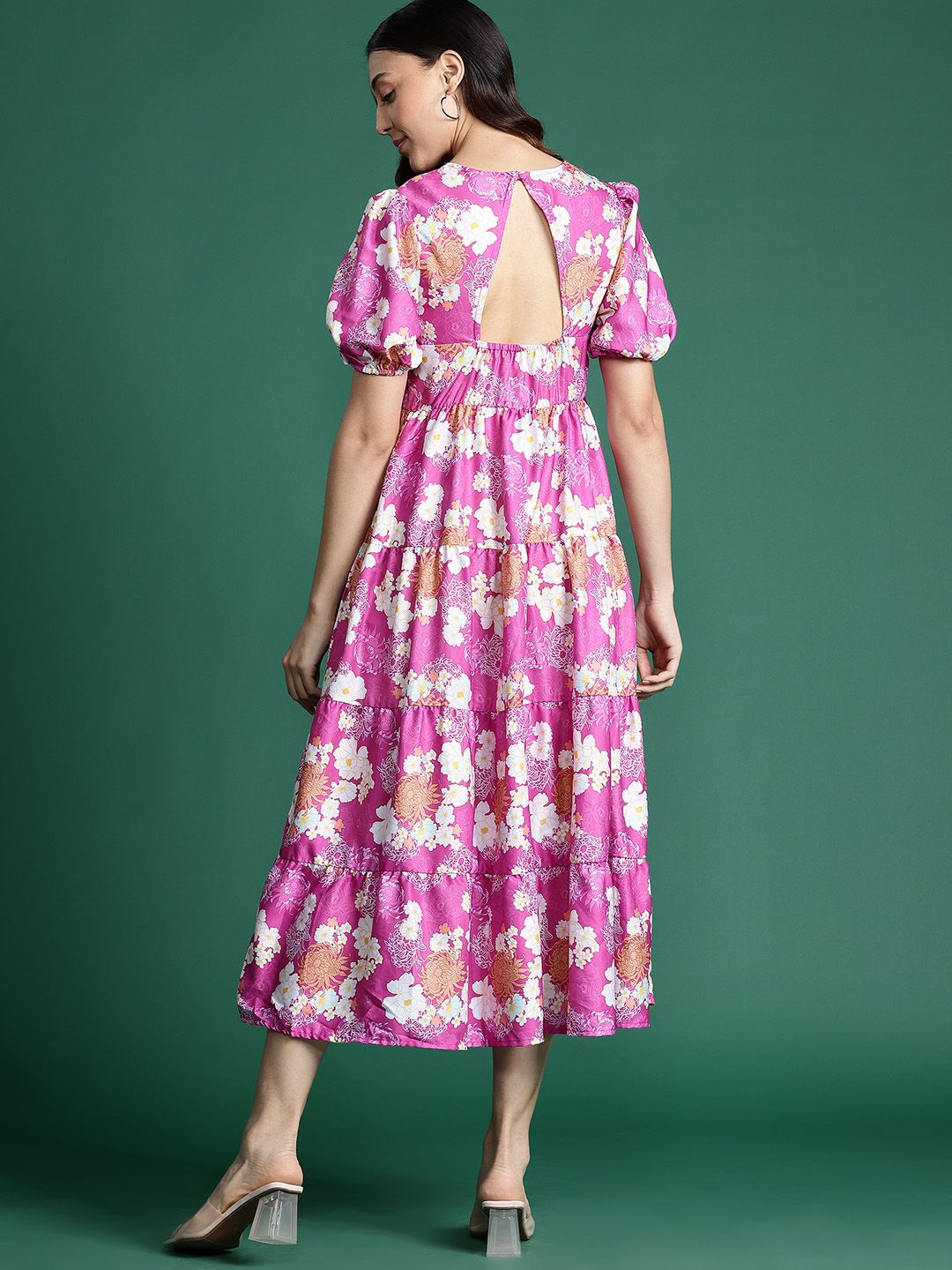 DressBerry Floral Print Puff Sleeve Tiered Midi Dress
