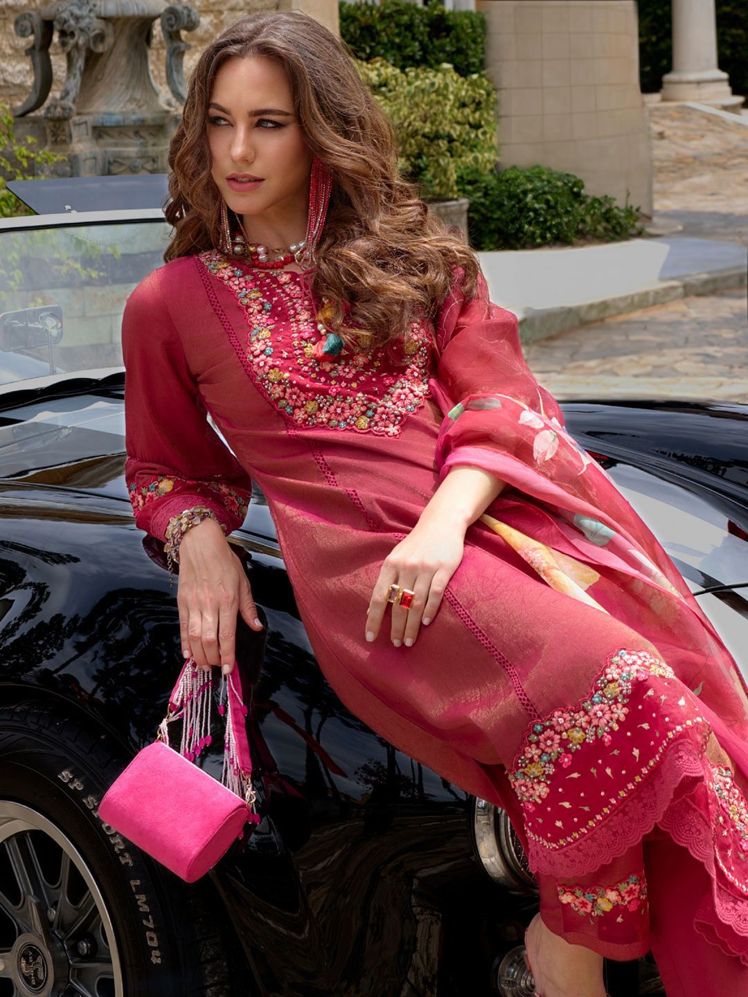 Indo Era Floral Embroidered Thread Work Kurta with Trousers & Dupatta