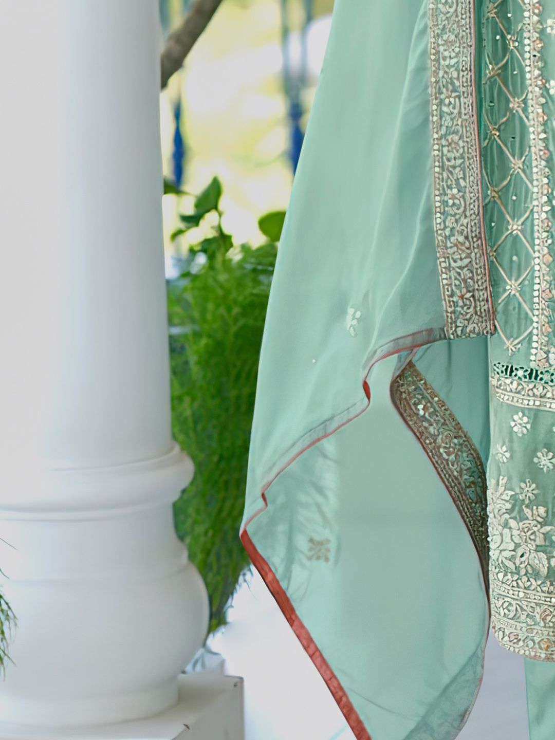 Indo Era Zari Ethnic Motifs Embroidered Notch Neck Straight Kurta With Trousers & Dupatta