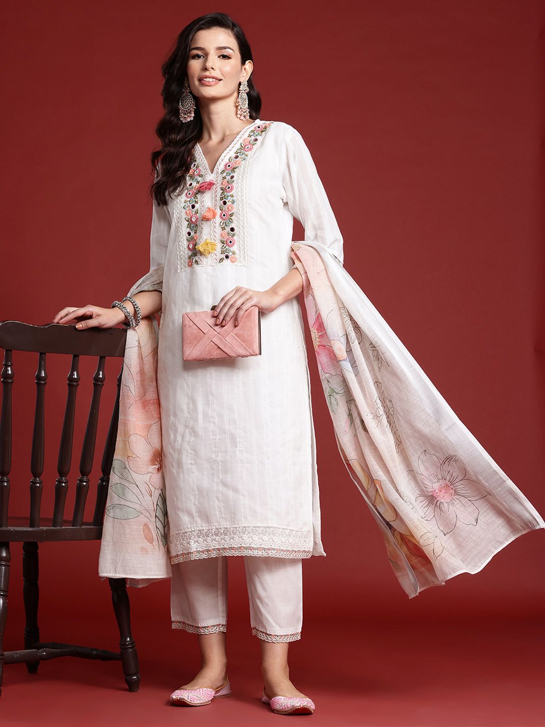 Indo Era Floral Embroidered & Embellished Pure Cotton Kurta with Trousers & Dupatta