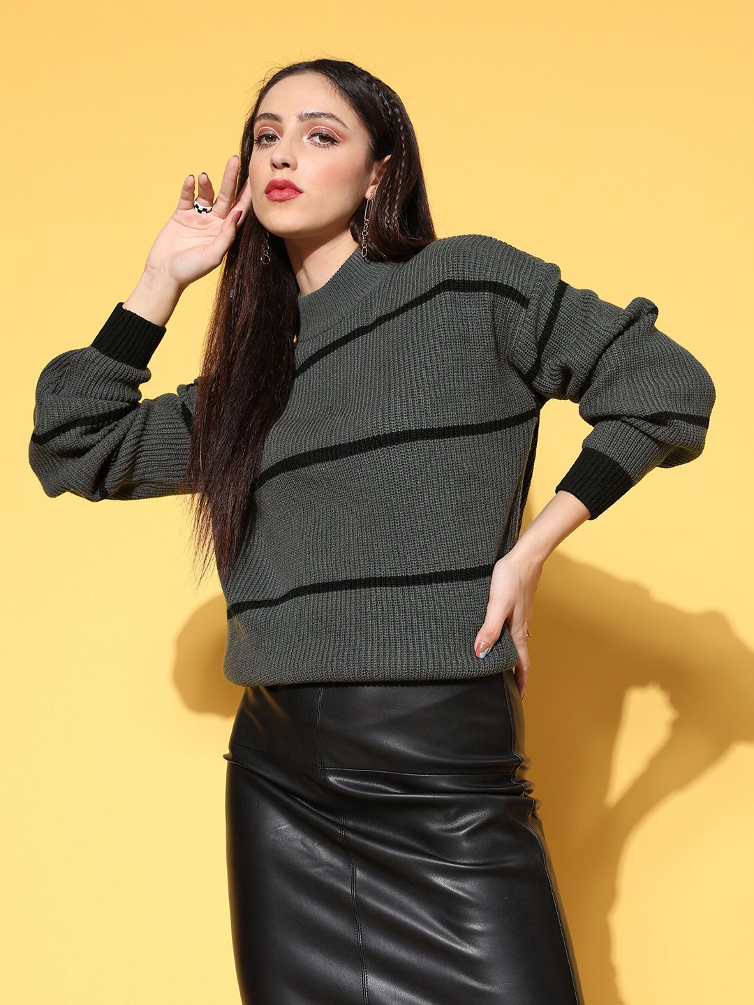 Berrylush Women Charcoal Striped Knits Bits Sweater