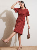 DENNISON Rust Crepe Fit & Flare Smocked Dress