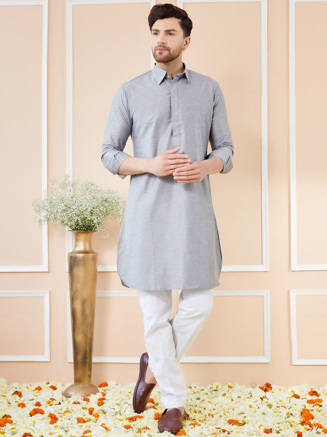 See Designs Shirt Collar Long Sleeves Pure Cotton Pathani Kurta With Pyjamas