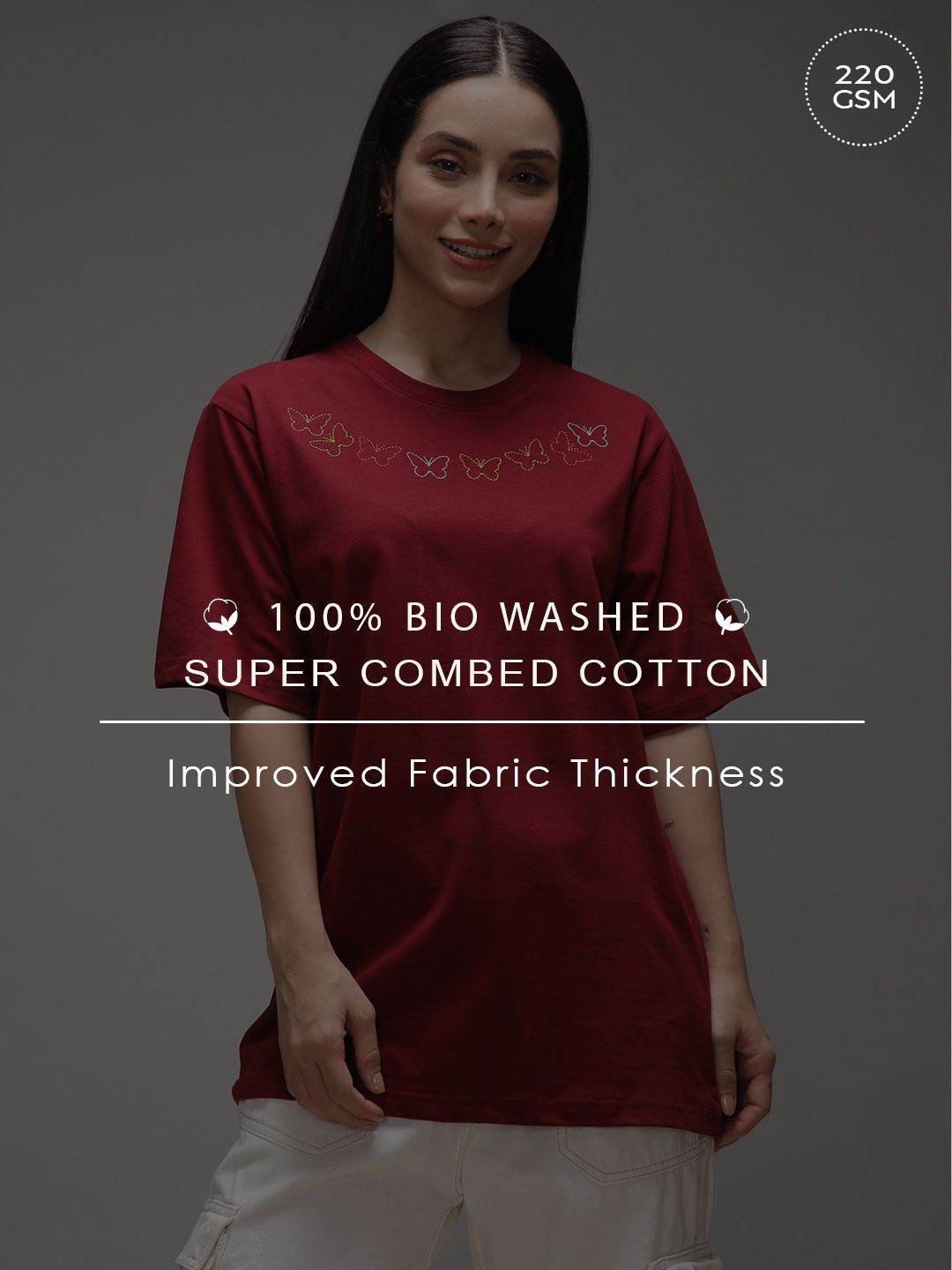 DILLINGER Women Short Sleeve Oversized Crew Neck Embroidery Tshirt