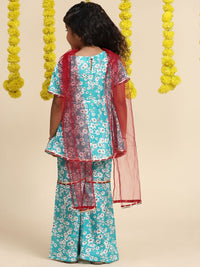 Cutiekins Girls Floral Printed Gotta Patti Kurti With Sharara & Dupatta