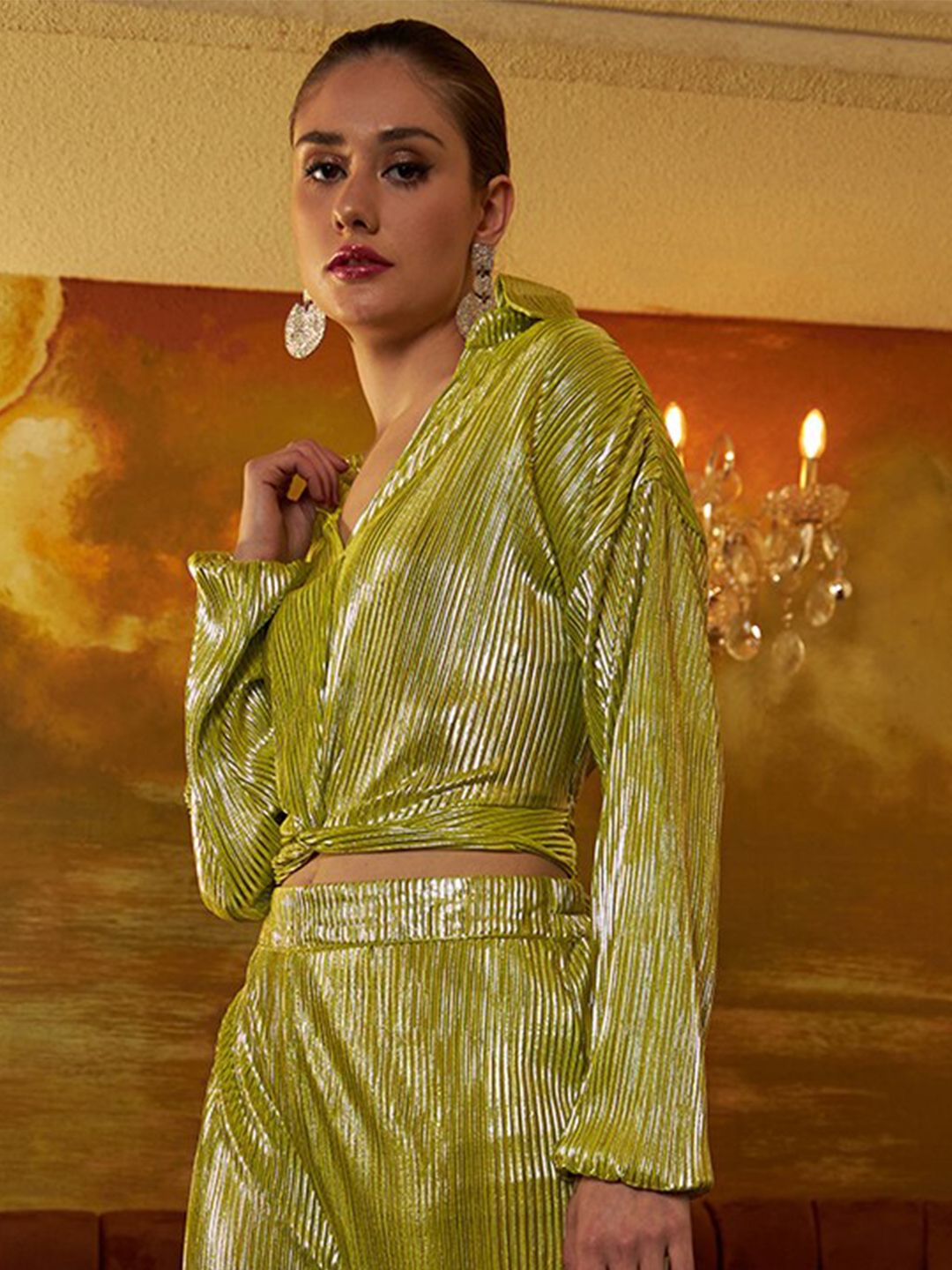 Athena Lime Green Striped Tie-Up Detail Shirt Style Top