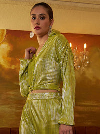 Athena Lime Green Striped Tie-Up Detail Shirt Style Top