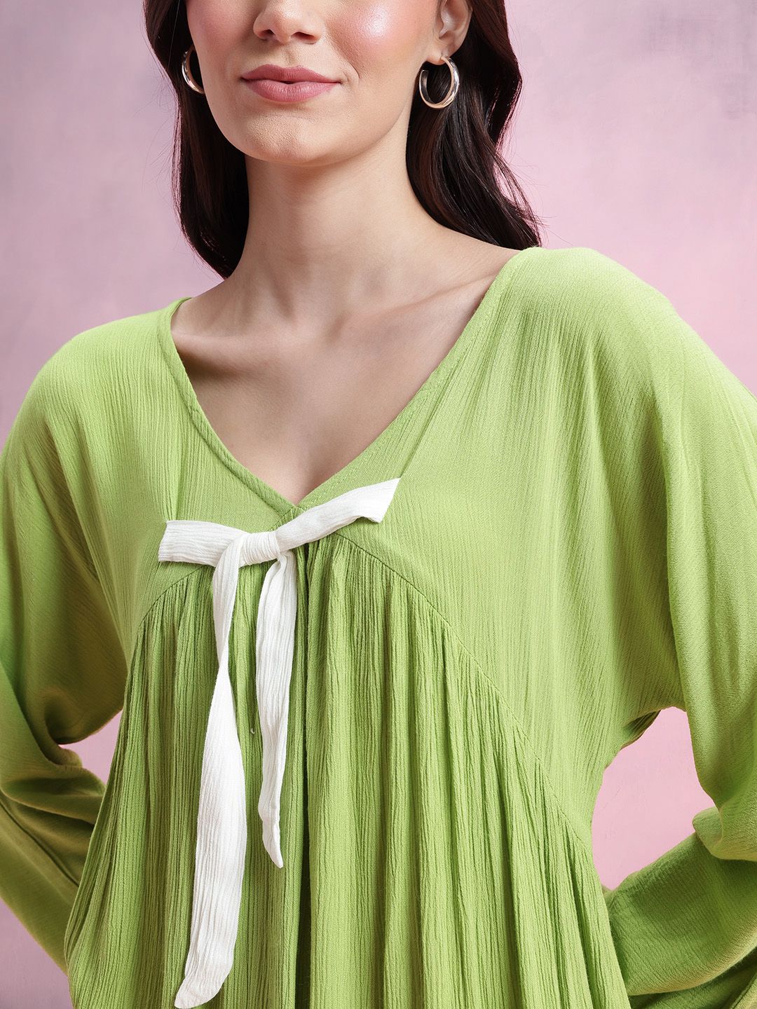 DressBerry Plisse Effect Bow-Detail V-Neck Extended Sleeves A-Line Dress