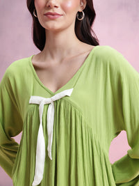 DressBerry Plisse Effect Bow-Detail V-Neck Extended Sleeves A-Line Dress