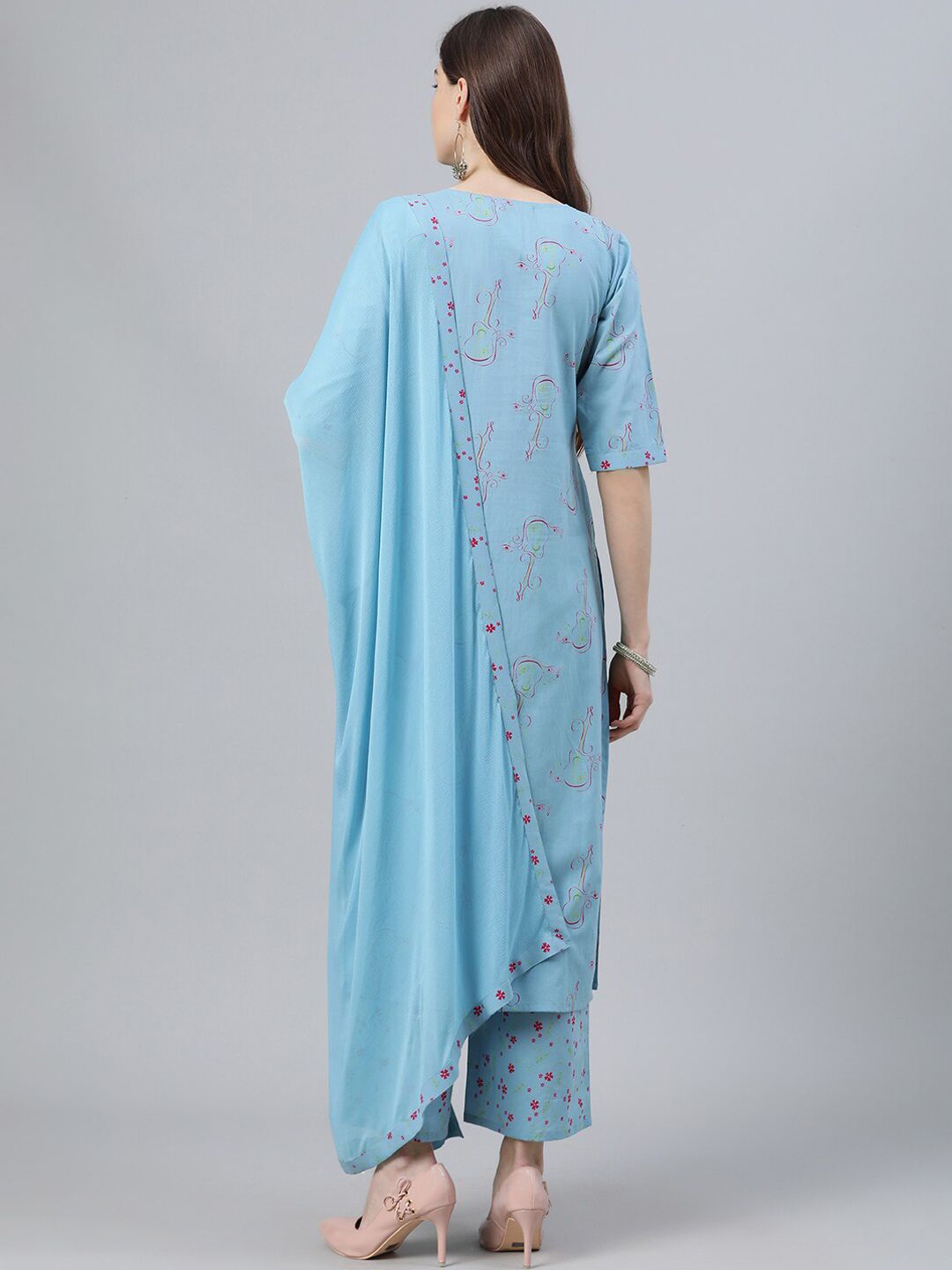 Libas Women Blue Printed Kurta with Palazzos & With Dupatta