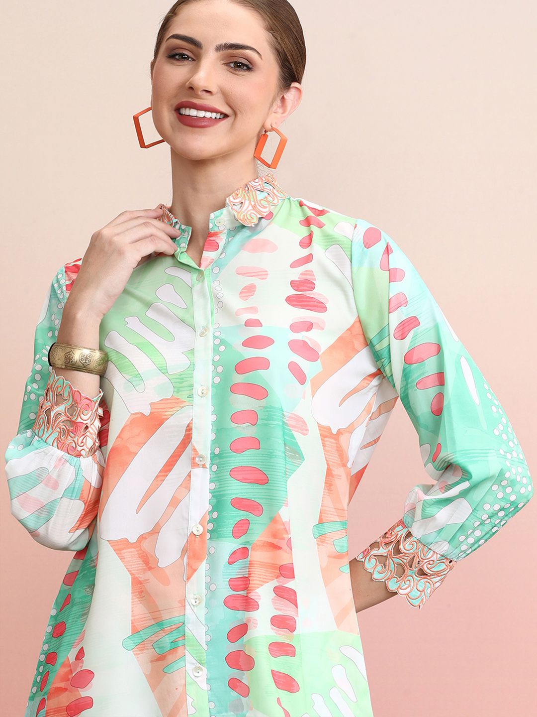 Indo Era Green Abstract Printed Spread Collar Shirt With Palazzos