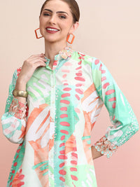 Indo Era Green Abstract Printed Spread Collar Shirt With Palazzos