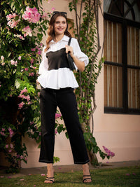 Athena White & Black Colourblocked Pure Cotton Peplum Top