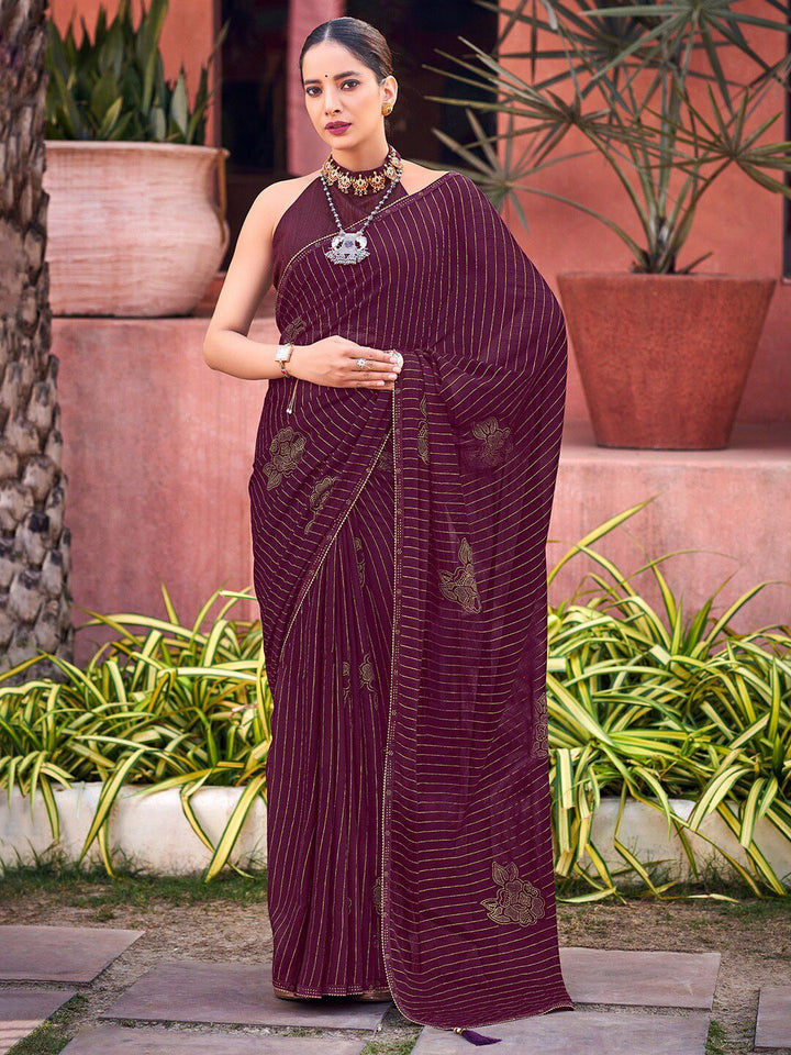 Saree mall Striped Embellished Beads and Stones Poly Georgette Saree