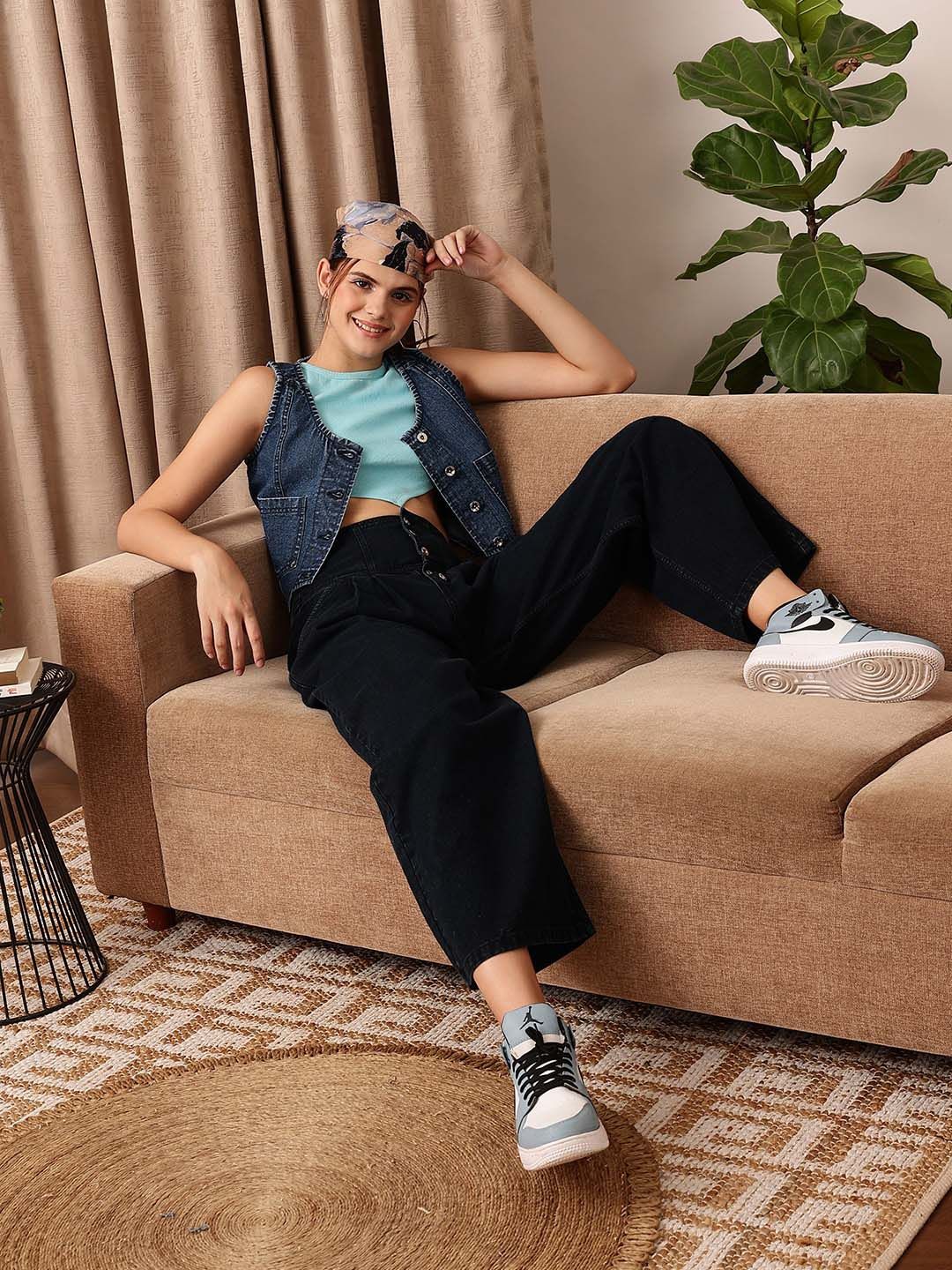 STREET 9 Sleeveless Crop Cotton Denim Jacket