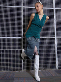 SASSAFRAS Green Washed Cargo Pencil Midi Denim Skirt