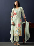 Indo Era Floral Printed Regular Linen Straight Kurta With Trousers & Dupatta