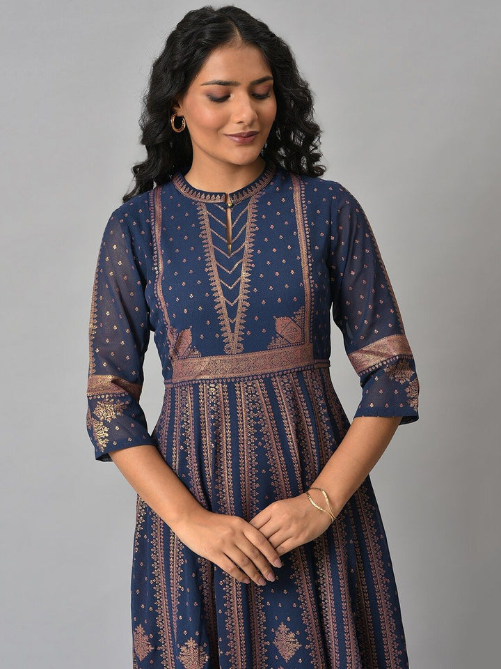 W Blue Ethnic Motifs Ethnic Maxi Dress