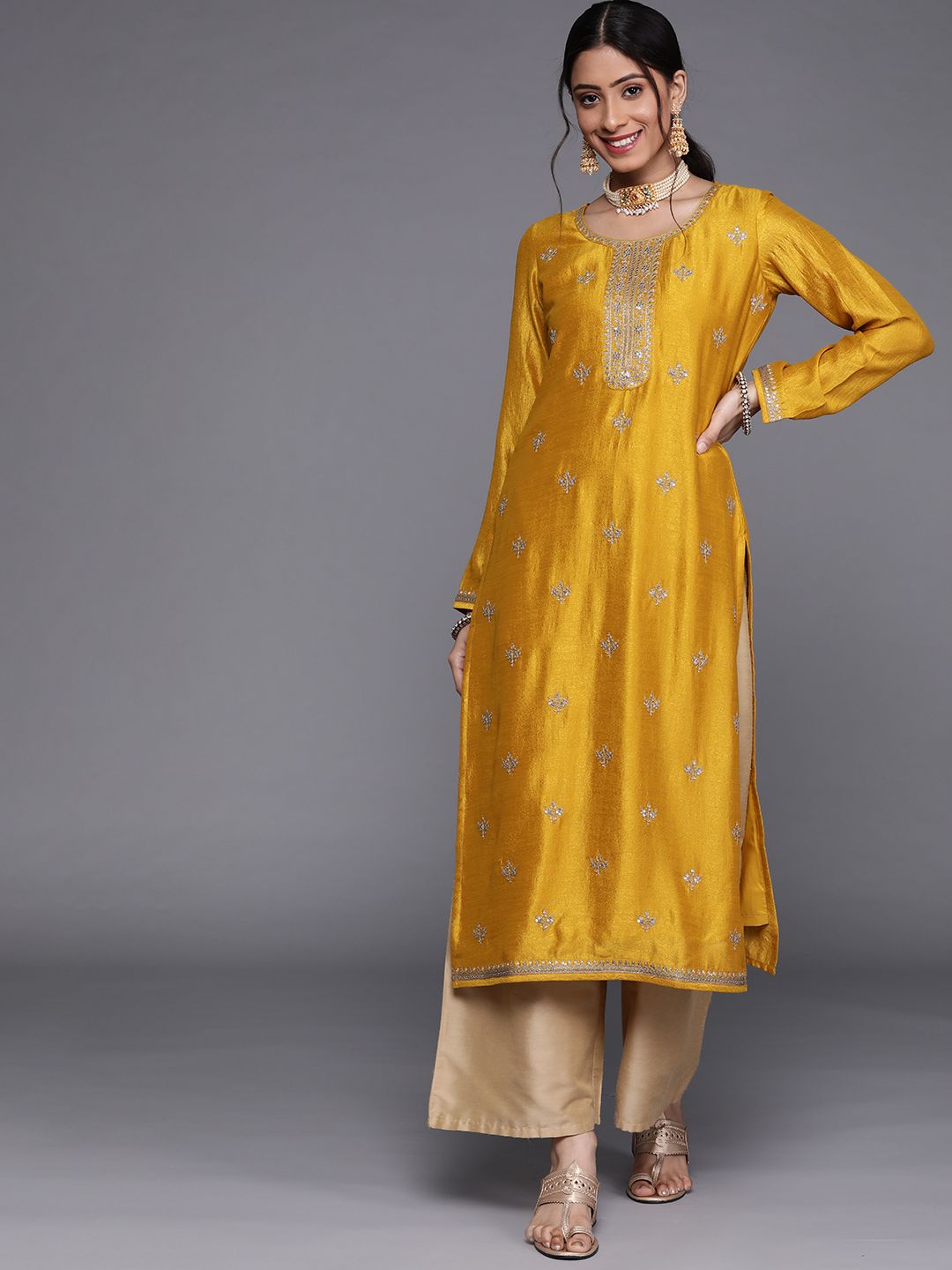 Libas Women Yellow Floral Motifs Sequins Work Kurta