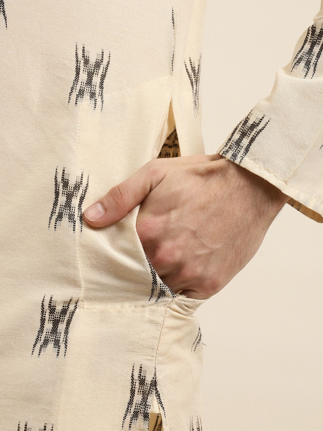 Sojanya Men Beige & Black Ikat Woven Design Pure Cotton Kurta