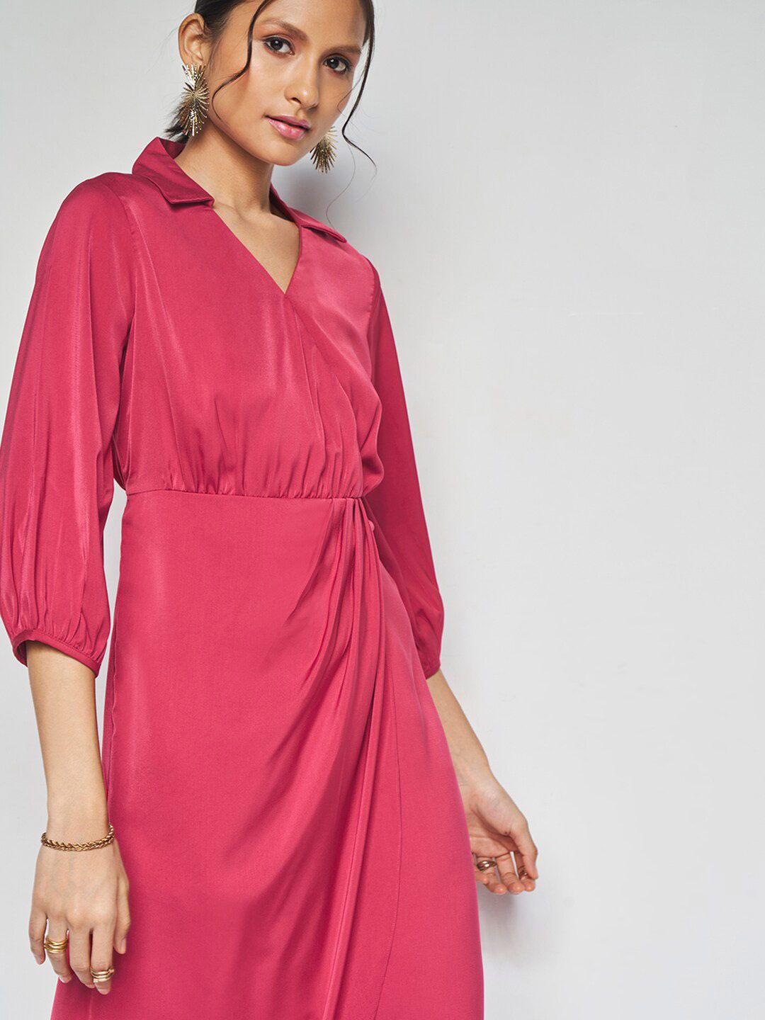 AND Shirt Collar Puff Sleeves Tulip Wrap Dress