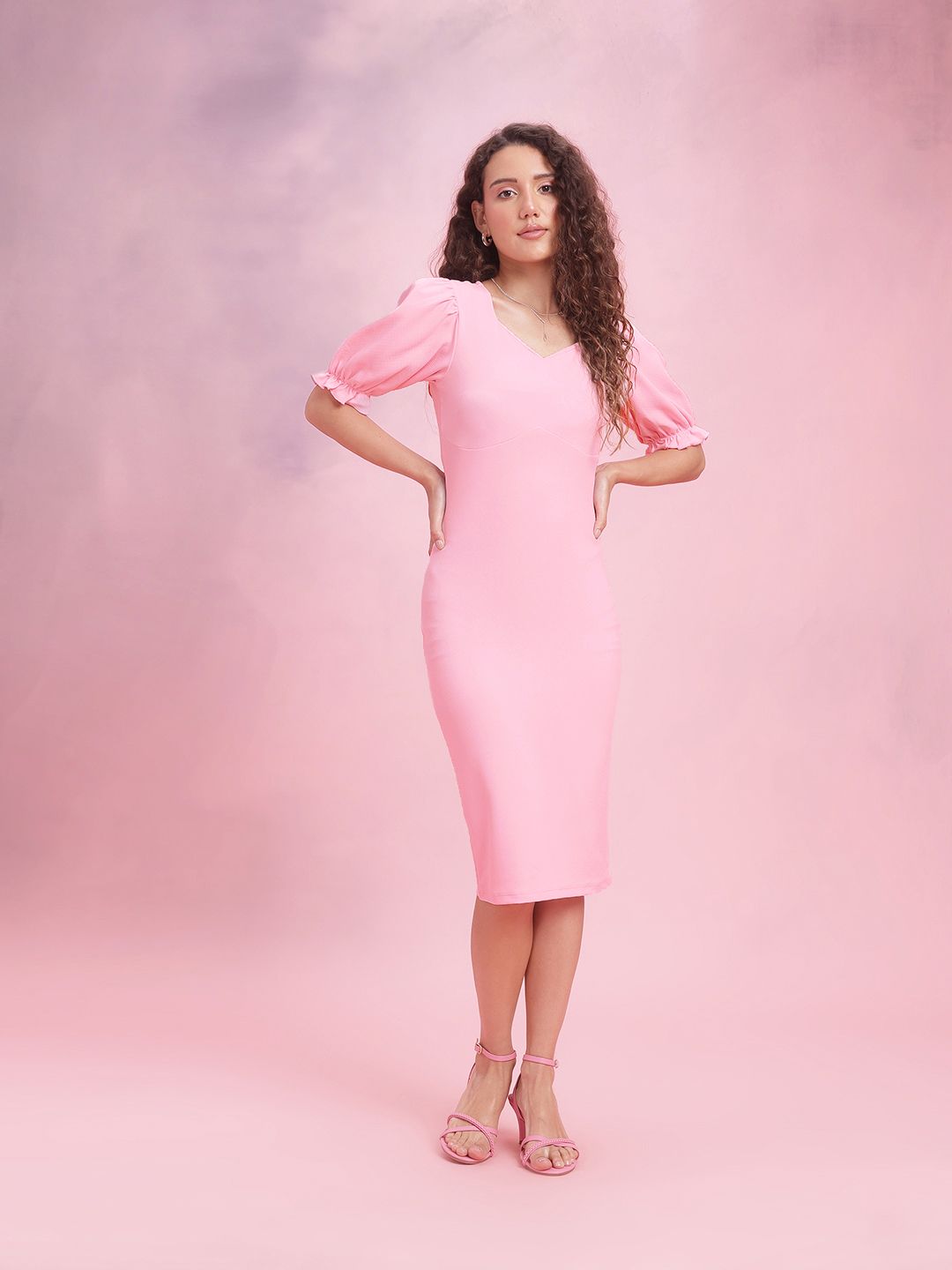 DressBerry Puff Sleeves Sheath Midi Dress