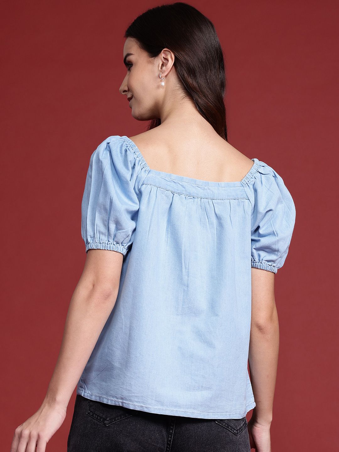 all about you Puff Sleeve Cotton Chambray Boxy Top