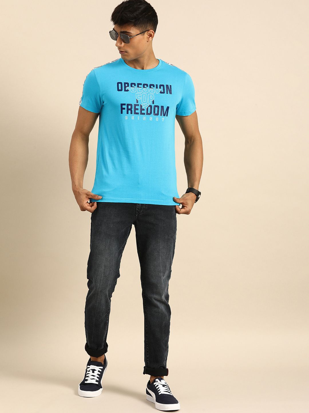 Being Human Men Blue Printed Round Neck Pure Cotton T-shirt