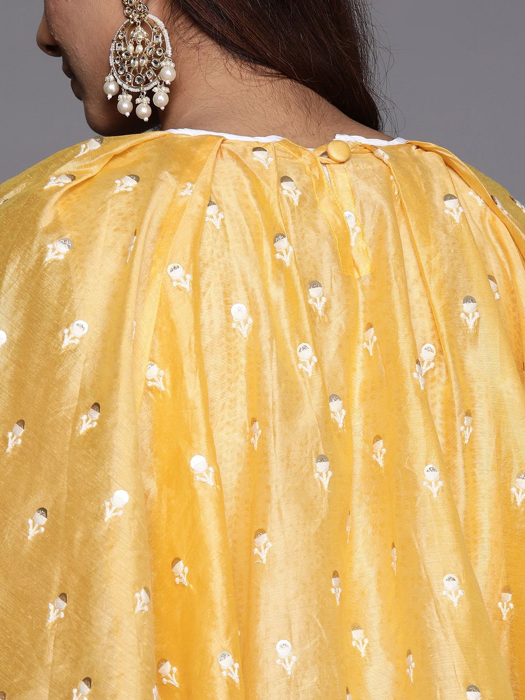 Indo Era Printed Embroidered Cape Sleeve Crepe A-Line Midi Dress